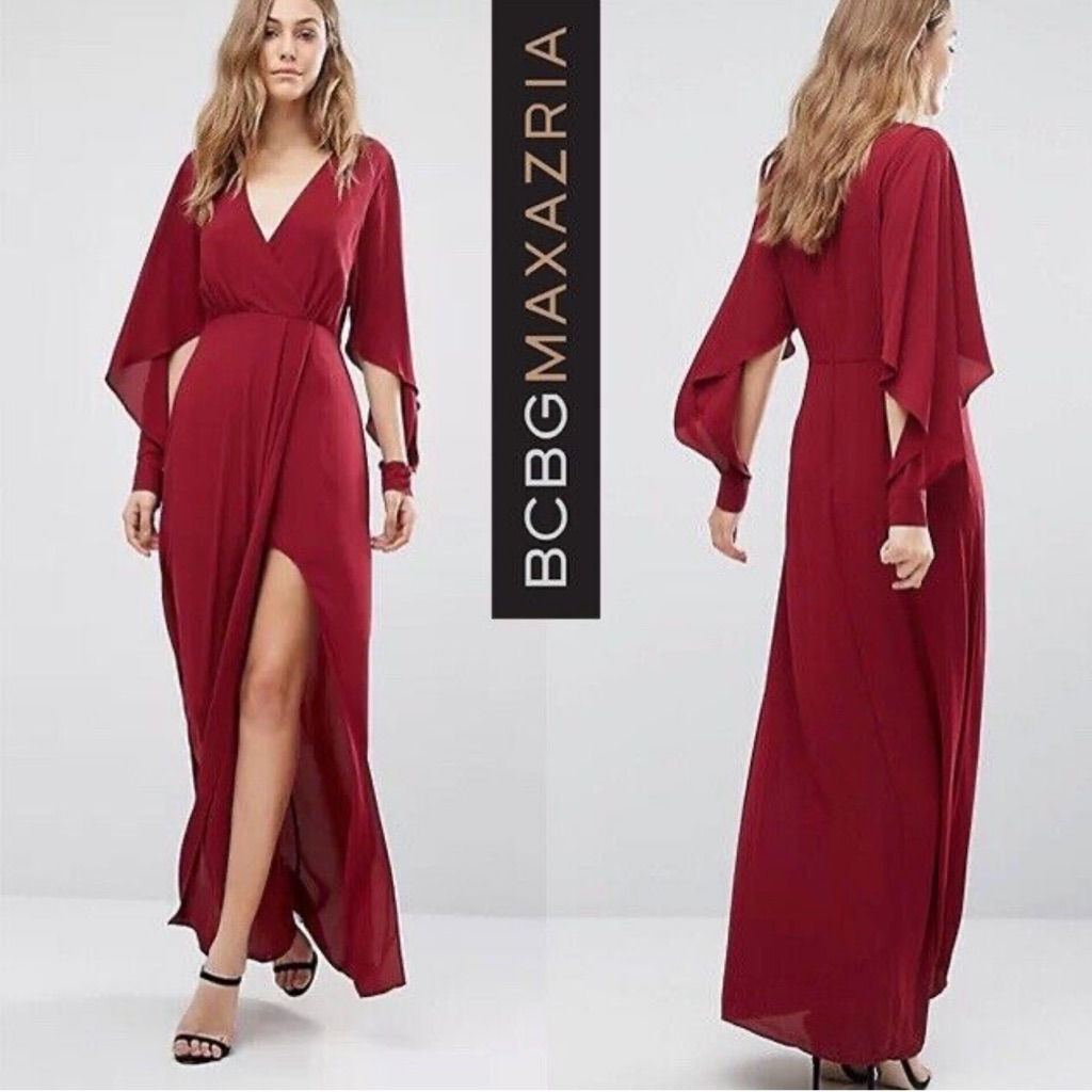 Bcbgmaxazria Doran Dark Red V-Neck Long Sleeve Maxi Dress Gown Xs (2) Nwot $450